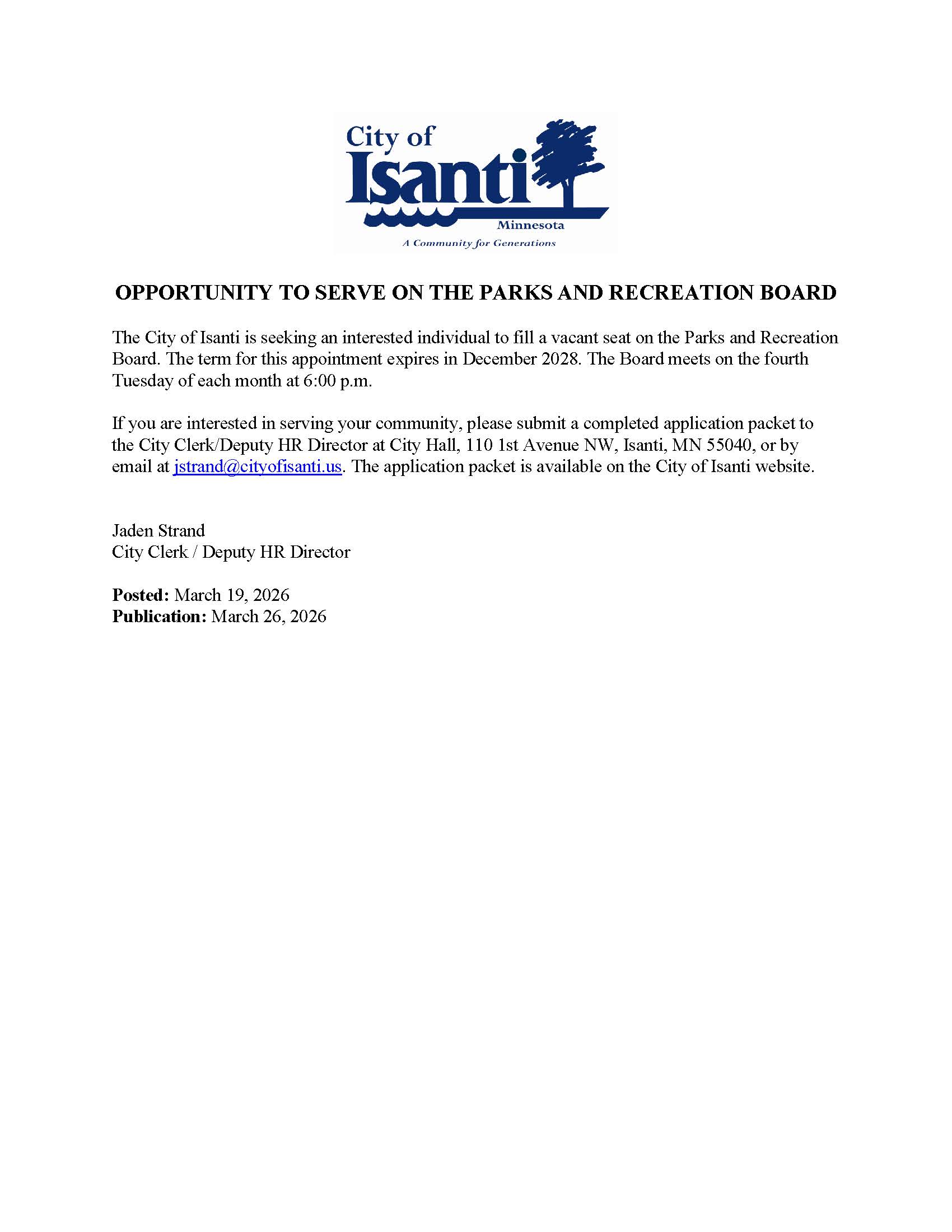 Publication Seeking Board Member - Parks and Recreation Board